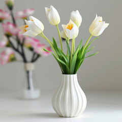 A refined display of white artificial tulips standing in a ribbed vase with soft shadows.