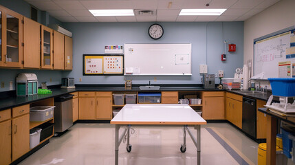 A classroom with a science experiment table, an empty whiteboard, and safety equipment stored in cabinets.