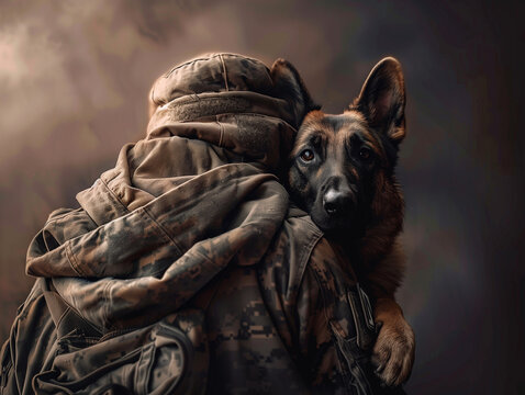 Un soldat ma&icirc;tre chien enlace le berger allemand qui lui a sauv&eacute; la vie, op&eacute;ration militaire, peinture &agrave; l'huile