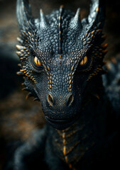 tête de dragon noir avec yeux jaunes sur fond foncé