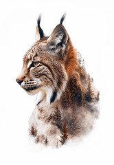 illustration d'un lynx en double exposition avec une forêt - fond blanc