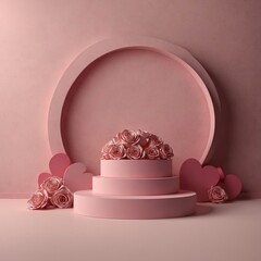 3d rendering of minimal scene of blank podium with Valentine's Day theme. Display stand for product presentation mock up. Cylinder stage in sweet lovely pink color with simple design