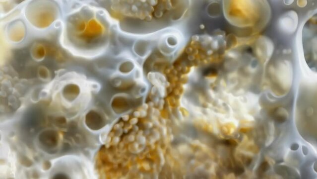 A magnified view of white cells their amoeboidlike shapes and tiny granules visible within their translucent cytoplasm. . AI generation.
