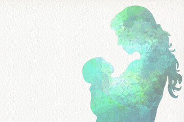 ilustración por el dia de la madre, feliz dia mama, . silueta de madre e hijo, en los brazos, con acuarela, textura de acuarela,  artístico, pastel,en papel grunge, con textura, brillante, turquesa