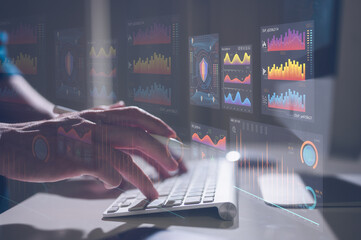 Business finance data analytics graph.Financial management technology.Advisor using KPI Dashboard on virtual screen, businessman using computer keyboard working on data charts