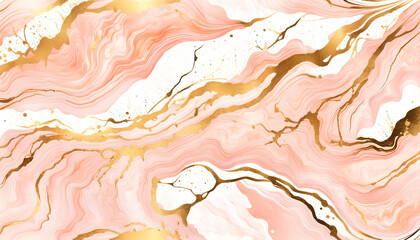 Peach pink marble abstract background with gold splashes