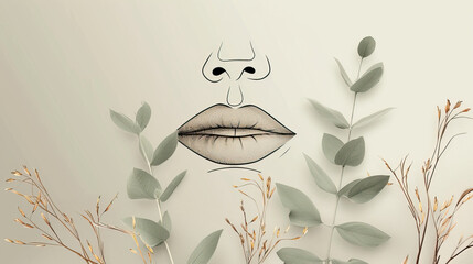Woman lips and leaf lineart illustration Woman Line Art Minimalist Logo for wall decoration, postcard or brochure cover design.