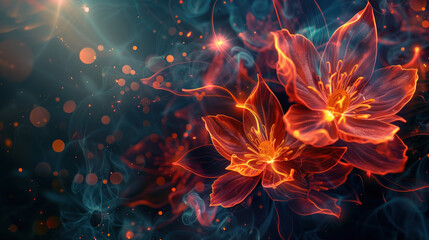 Beautiful fiery flower on a dark background. Digital art. The image is impressive in its unexpectedness and can be used in design in a wide variety of areas.