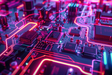 A computer chip is lit up in neon colors