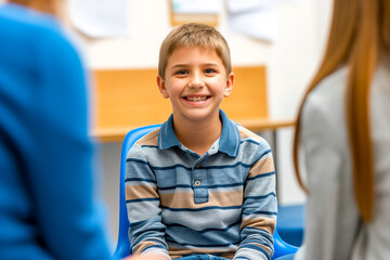 Therapist, psychology and boy on a chair, talking and child development with a smile, foster home and adoption. Male kid, young person or counselor in an office, speaking and consultation for growth