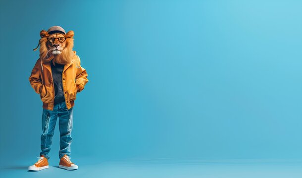 Fondo celeste con le&oacute;n humanizada vestida moderna, erguida de pie. Generado con tecnolog&iacute;a IA