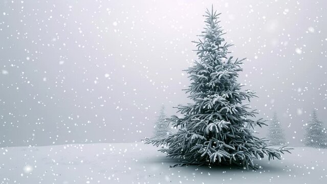 Christmas tree. Falling snowflakes. Falling snowflakes effect. Looped snow. Minimalistic background. Minimalistic style. Generative AI.