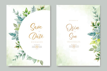 wedding invitation card with green leaves watercolor