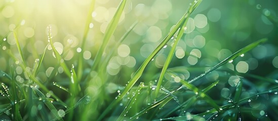 Close-up shot with a shallow depth of field showcasing fresh morning dew on the spring grass, set against a natural background. - Powered by Adobe