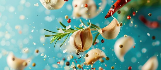 Garlic, pepper, and rosemary herbs falling in the air against a turquoise backdrop, representing the concept of spicy cuisine.