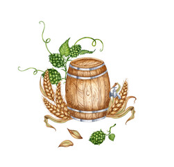 Watercolor illustration of a wooden barrel with hops, ears of wheat for beer and other alcoholic drinks. Isolated from the background. Suitable for interior design, menus, product packaging.