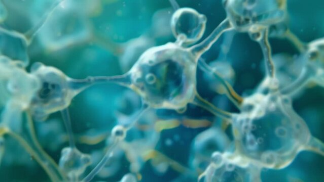 An image of a Euglenoid colony with numerous cells connected by a matrix of creating a slimy gel around the organisms. . AI generation.