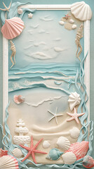 Oceanic frame with sandy texture and seashells great for aquatic themed event invitations or marine wildlife education. - obrazy, fototapety, plakaty