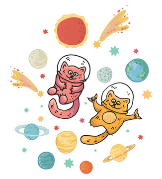 Space with cats astronauts among planets, asteroids and stars. Galaxy and animals in space. Vector image for wallpaper, clothes, pajamas, cards and decoration.
