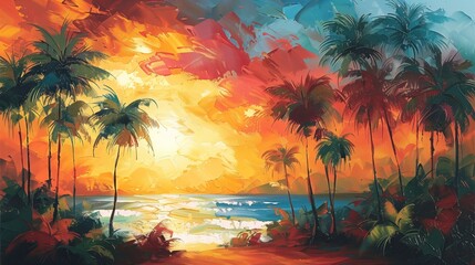 Abstract and Landscape Art. Tropical Sunset with Palms.