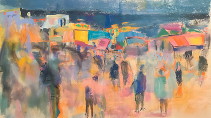 Impressionist city crowd scene, excellent for conveying the energy of urban life in editorial and advertising.