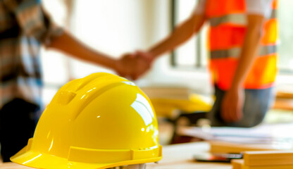 Yellow safety helmet on workplace desk with construction worker team hands shaking greeting start up plan new project contract in office center at construction site, partnership and contractor concept