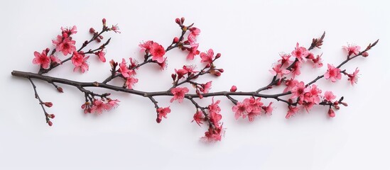 Sakura tree branch isolated on a white background with pink cherry blossoms.