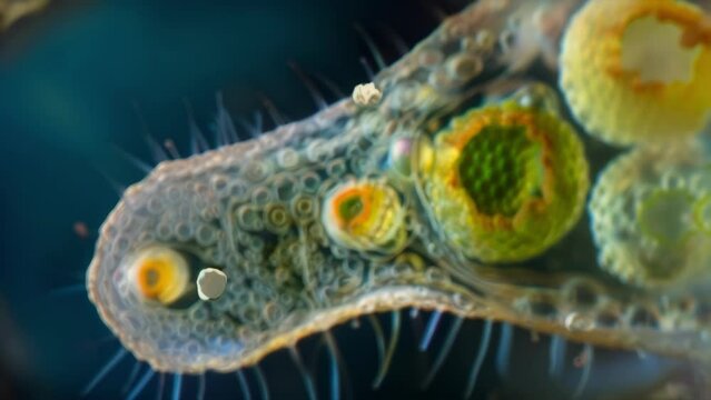 A zoomedin image of a single euglenoid showcasing its intricate structure and revealing the complex interplay between animal and plantlike . AI generation.