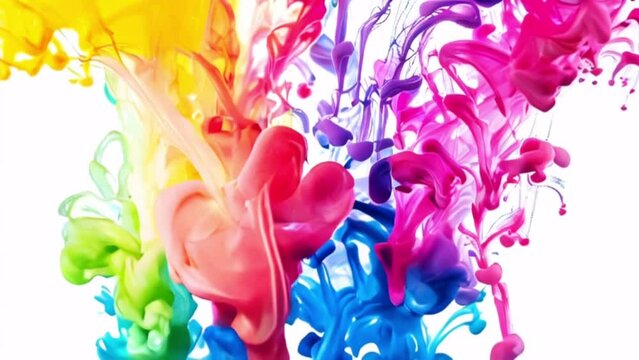 Colorful ink splashes. Dynamic swirl of blending colors in water on white background. Multicolored paint drops