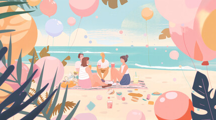 Colorful beach party with friends and balloons, perfect for social media posts and summer event promotions