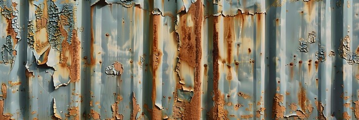 The weathered metal sheet exhibits signs of decay with peeling paint and rust formations. - Powered by Adobe