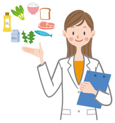 説明する栄養士　栄養素　バランスの良い食材のイラストイメージ