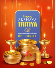 Promotion banner with gold pots, diyas (oil lamps) and coins for Indian festival Akshya Tritiya. Vector illustration.