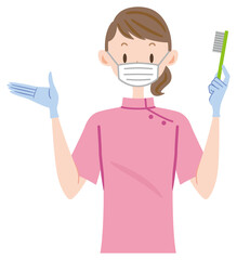 マスクをして歯ブラシを持つ歯科助手のイラスト　歯科衛生士