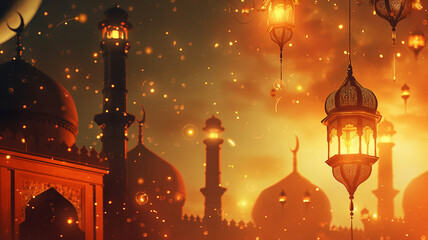 Wallpaper with mosque and lanterns at night. Happy Eid ul Adha, lantern islamic 