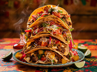 Tacos mejicanos, vista de cerca en un plato, comida tradicional de méxico