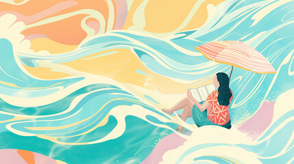 Peaceful beach reading time, female engrossed in a book under pastel umbrella, perfect for leisure and travel themed designs and blogs