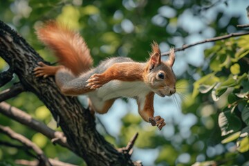 Swift and agile squirrel leaping among tree branches