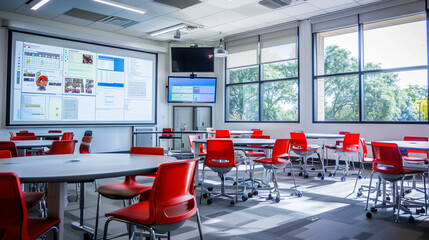 A modern classroom with sleek furniture, a pristine whiteboard, and interactive screens mounted on the walls.