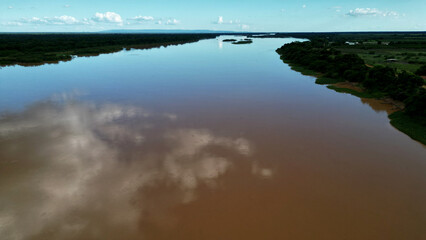 carinhanha, bahia, brazil - april 13, 2024: Aerial view of the Sao Francisco River in the city of Carinhanha.