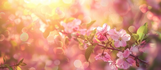 Fototapeta premium Artistic display of blossoming pink flowers along the border or background. Stunning depiction of nature showcasing a blooming tree under the radiant sun.
