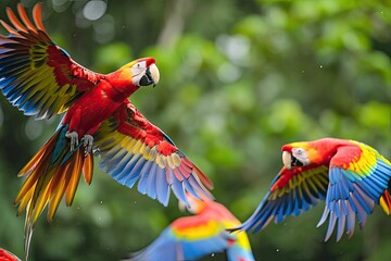 Vibrant parrots displaying their plumage in the forest