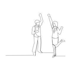 Simple continuous line drawing vector illustration successful businessman and businesswoman cheering up. Effective communication in business concept.