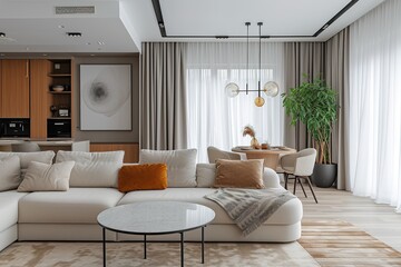 Modern Scandinavian home interior design characterized by an elegant living room featuring a comfortable sofa, mid century furniture, cozy carpet, wooden floor, white walls