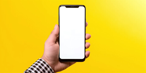 Hand Displaying Modern Smartphone on Yellow Background