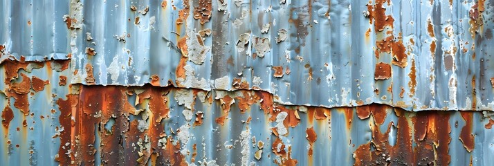 The weathered metal sheet exhibits signs of decay with peeling paint and rust formations. - obrazy, fototapety, plakaty