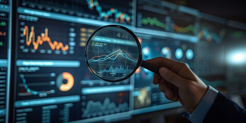 Close-up of Financial Analytics Visualization Through Magnifying Glass