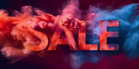 Dynamic Sale Text Overlaid on Explosive Red and Blue Powder Cloud