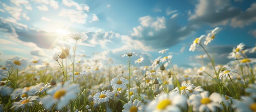 Field of daisies under a flawless sky.