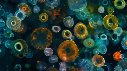 A colorful microscopic snapshot of a diverse community of phytoplankton ranging from round cells to elongated forms all floating in . AI generation.